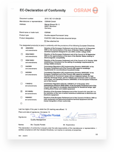 certificates UV Bulbs Technical Information